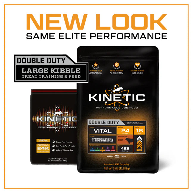 New look same elite performance graphic showing Kinetic Vital 24k Double Duty large kibble dog food packaging