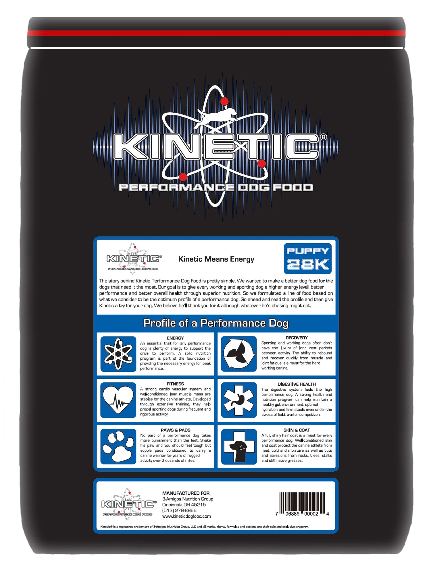 Back of Kinetic Performance Dog Food Puppy Formula 28k 35lb bag showing nutrition and product information panel
