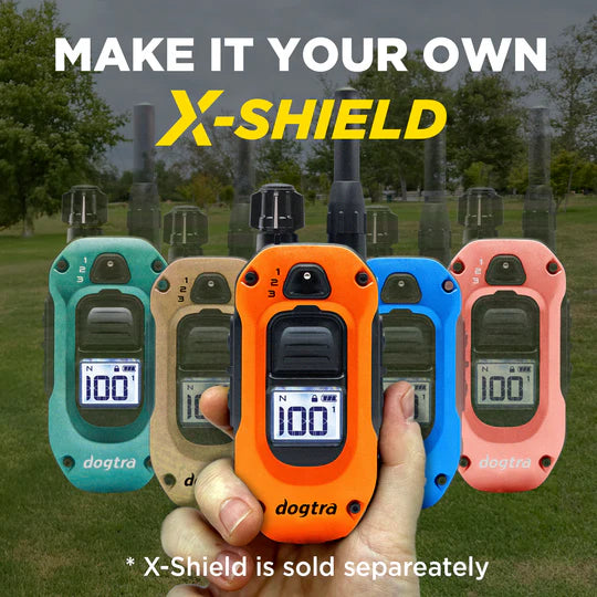 Dogtra handheld devices in various colors with X-Shield branding.