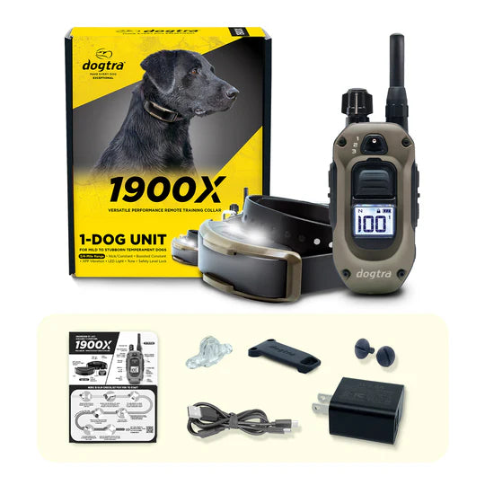 Dogtra 1900X dog training collar system with packaging and accessories on a white background