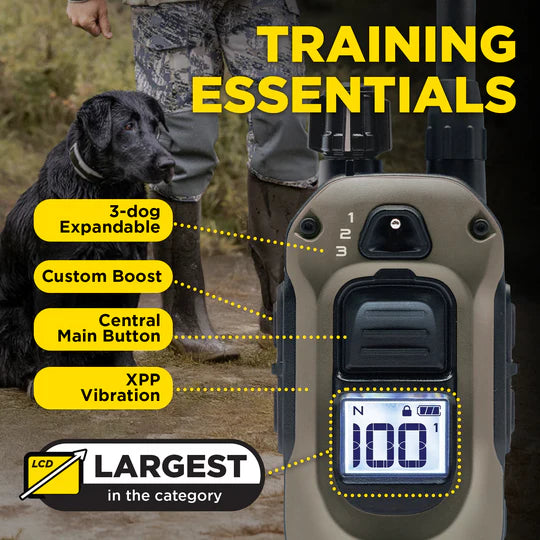 Dog training device with features highlighted and a person with a dog in the background.
