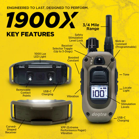 Dogtra 1900X pet device with key features highlighted on a yellow background