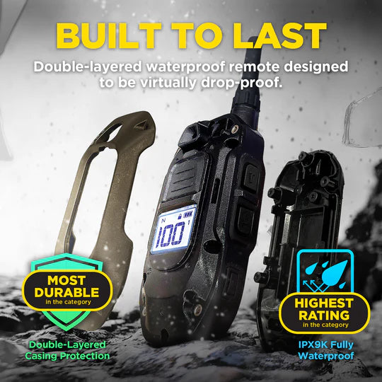 Waterproof remote with durability and waterproof features highlighted on a rugged background.