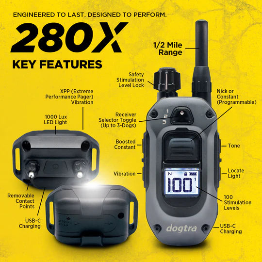 Dogtra 280X pager with key features highlighted on a yellow background