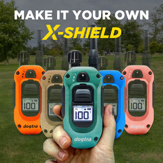 Hand holding a teal dogtra device with other colorful devices in the background, set against an outdoor scene.