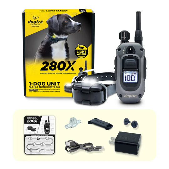 Dogtra 280X training collar set with packaging and accessories on a white background