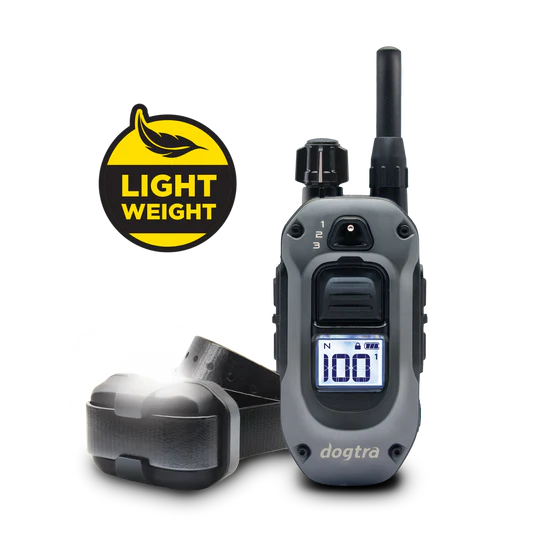 Dogtra walkie-talkie with a dog collar on a white background, featuring a 'Lightweight' badge.
