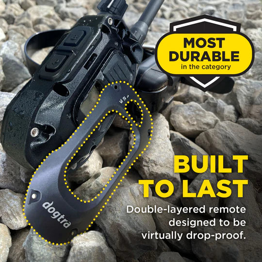 Dogtra remote trainer on rocks with 'Most Durable' and 'Built to Last' text