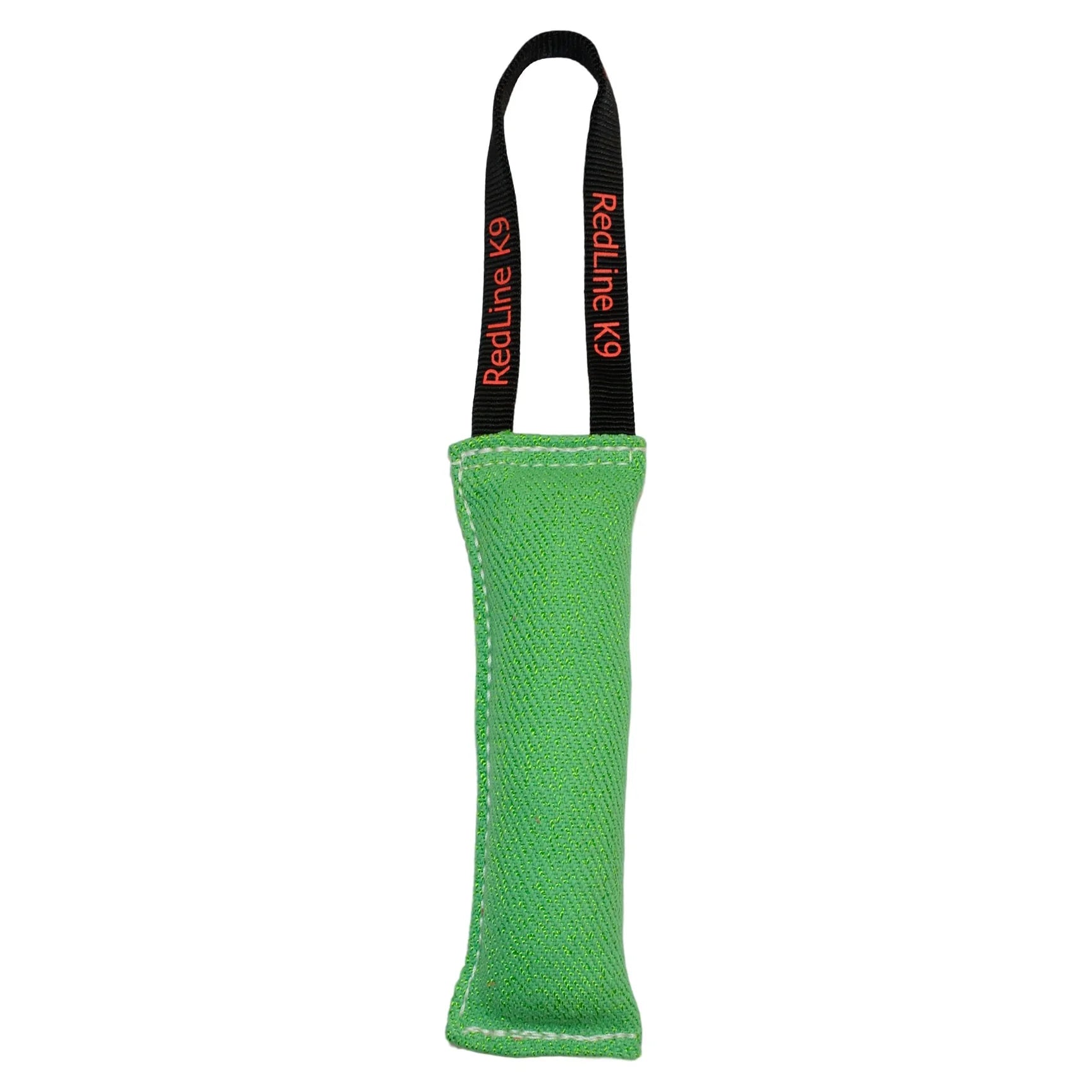 Green dog toy with a black handle labeled 'RedLine K9' on a white background