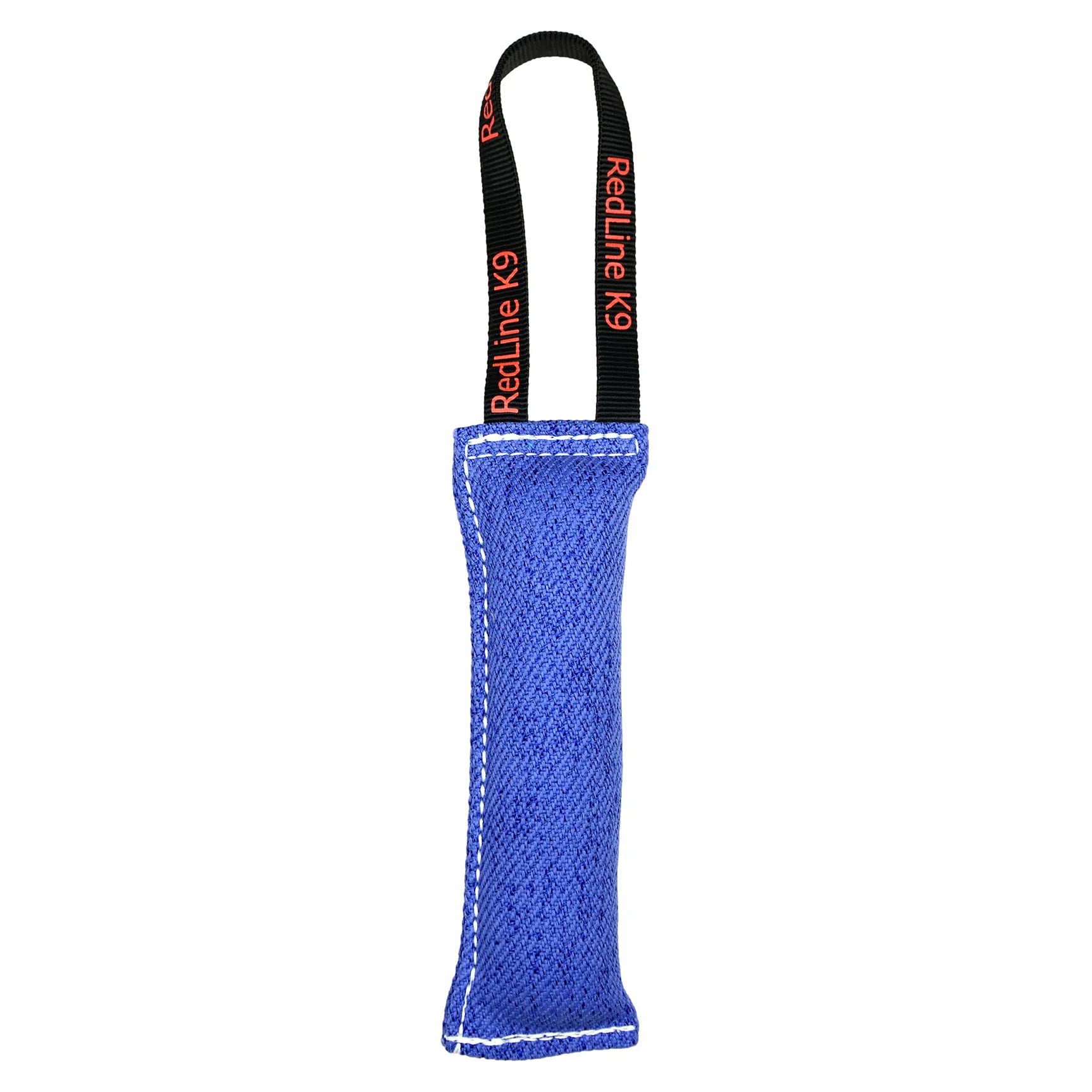 Blue dog toy with a handle labeled 'RedLine K9' on a white background