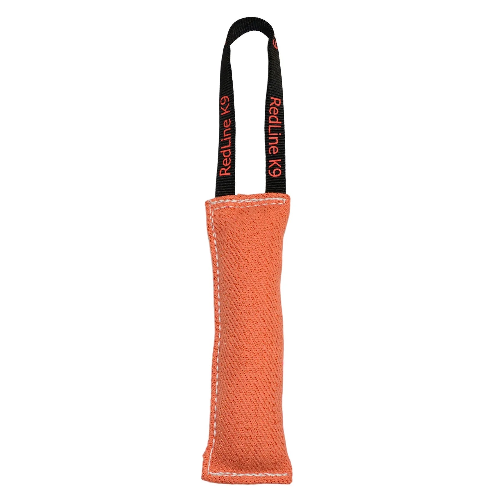 Orange dog toy with a black handle on a white background