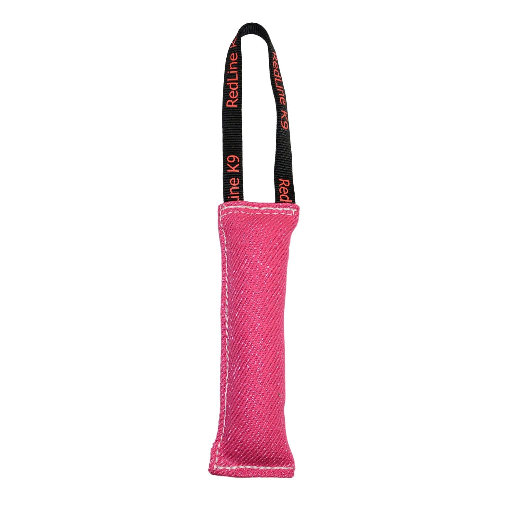 Pink dog toy with a black handle on a white background