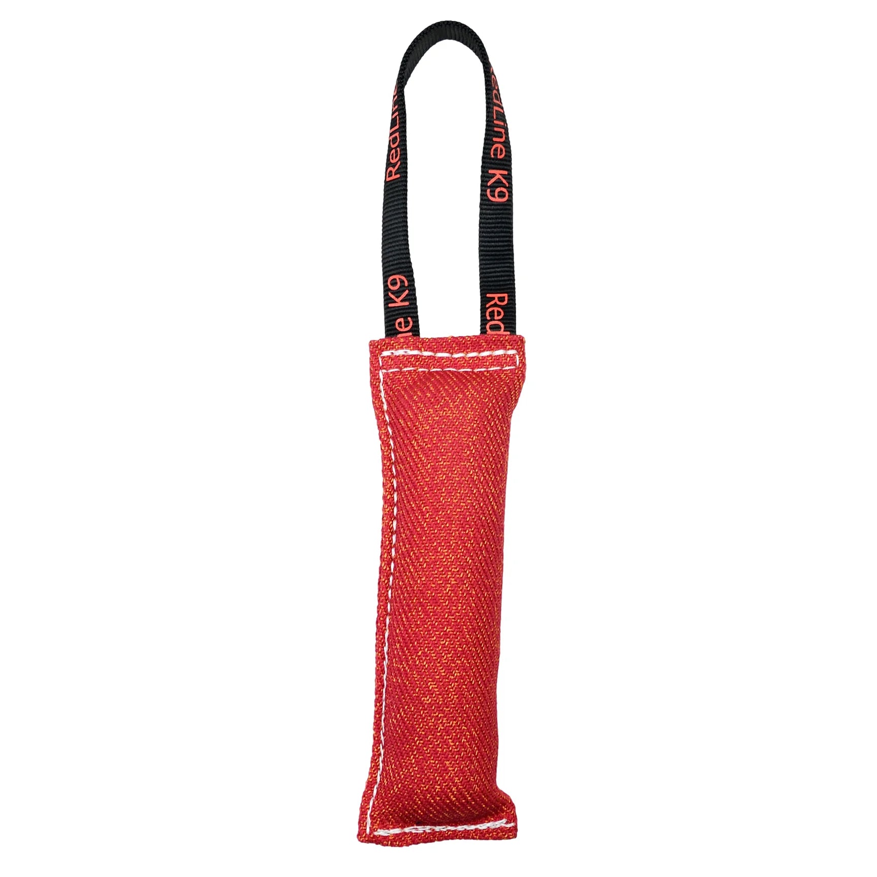Red dog chew toy with a black handle on a white background