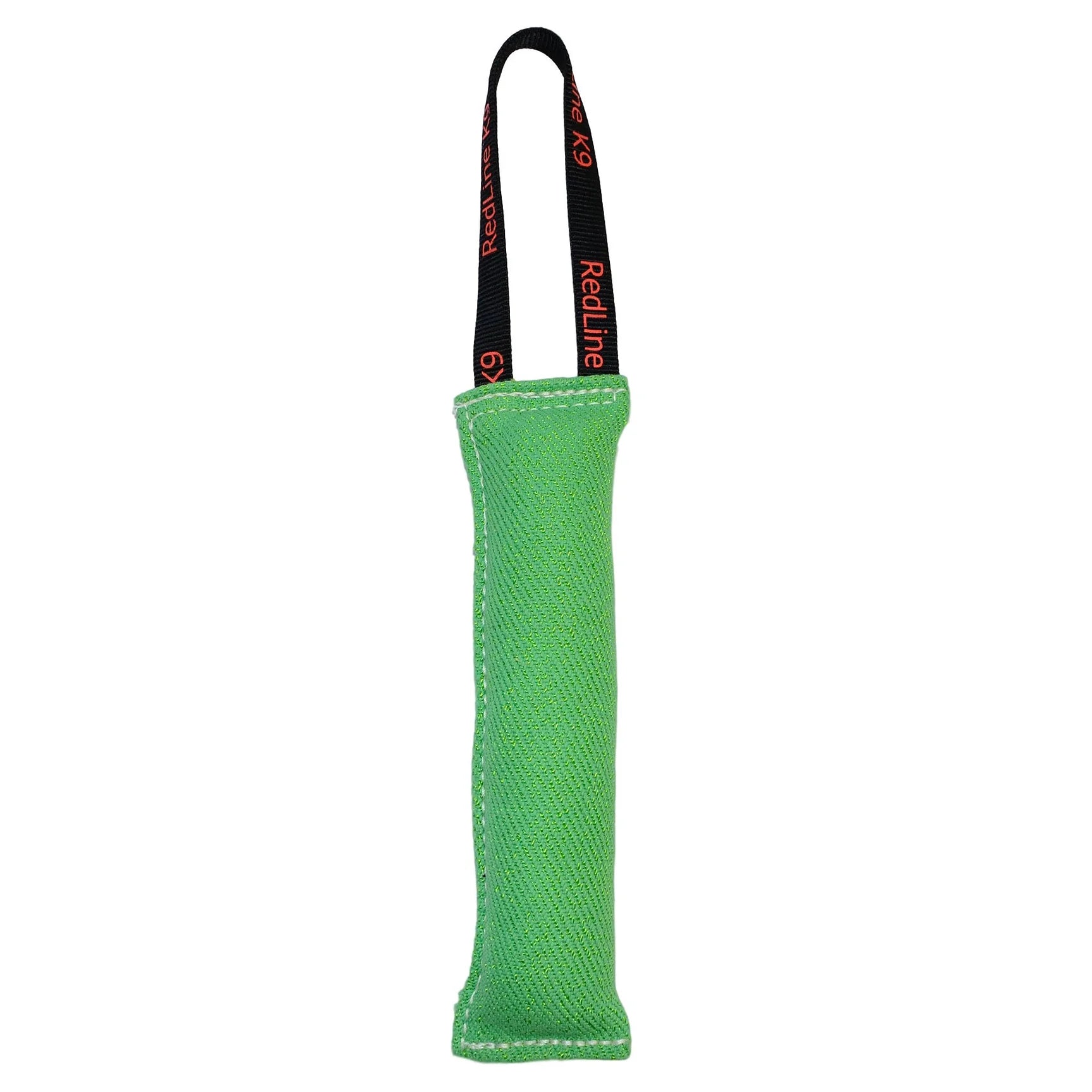 Green dog toy with a black handle on a white background