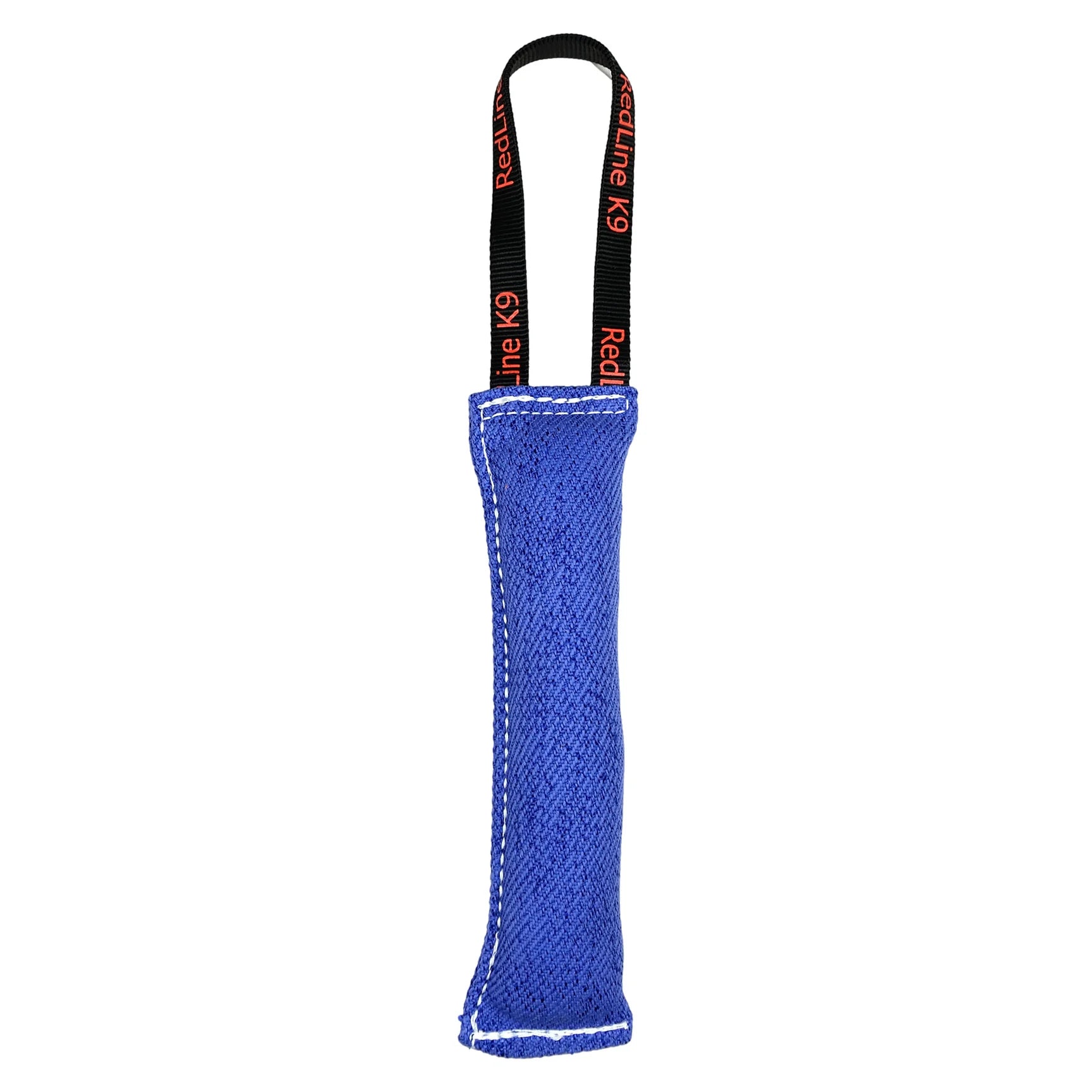 Blue dog toy with a black handle featuring 'RedLine K9' branding on a white background