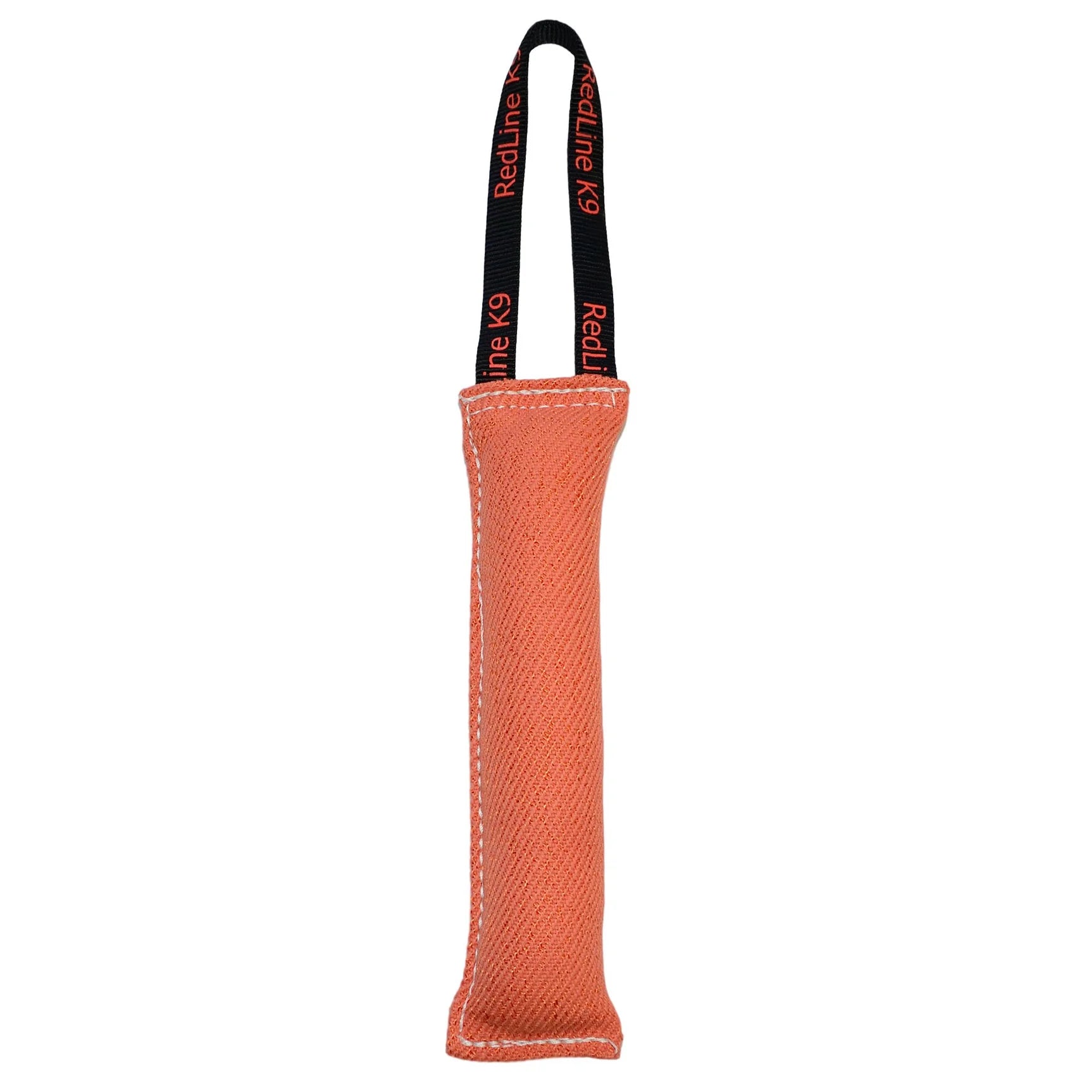 Orange dog toy with a black handle on a white background