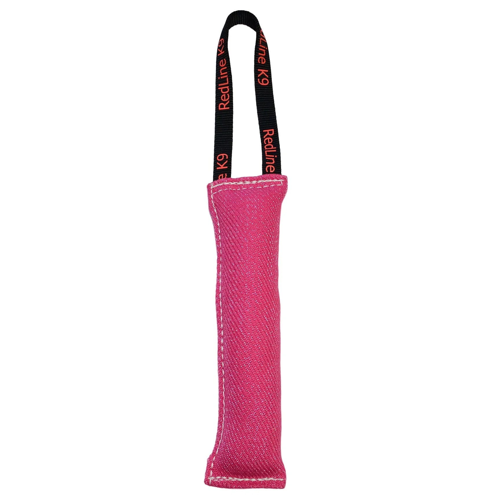 Pink dog toy with a black handle on a white background