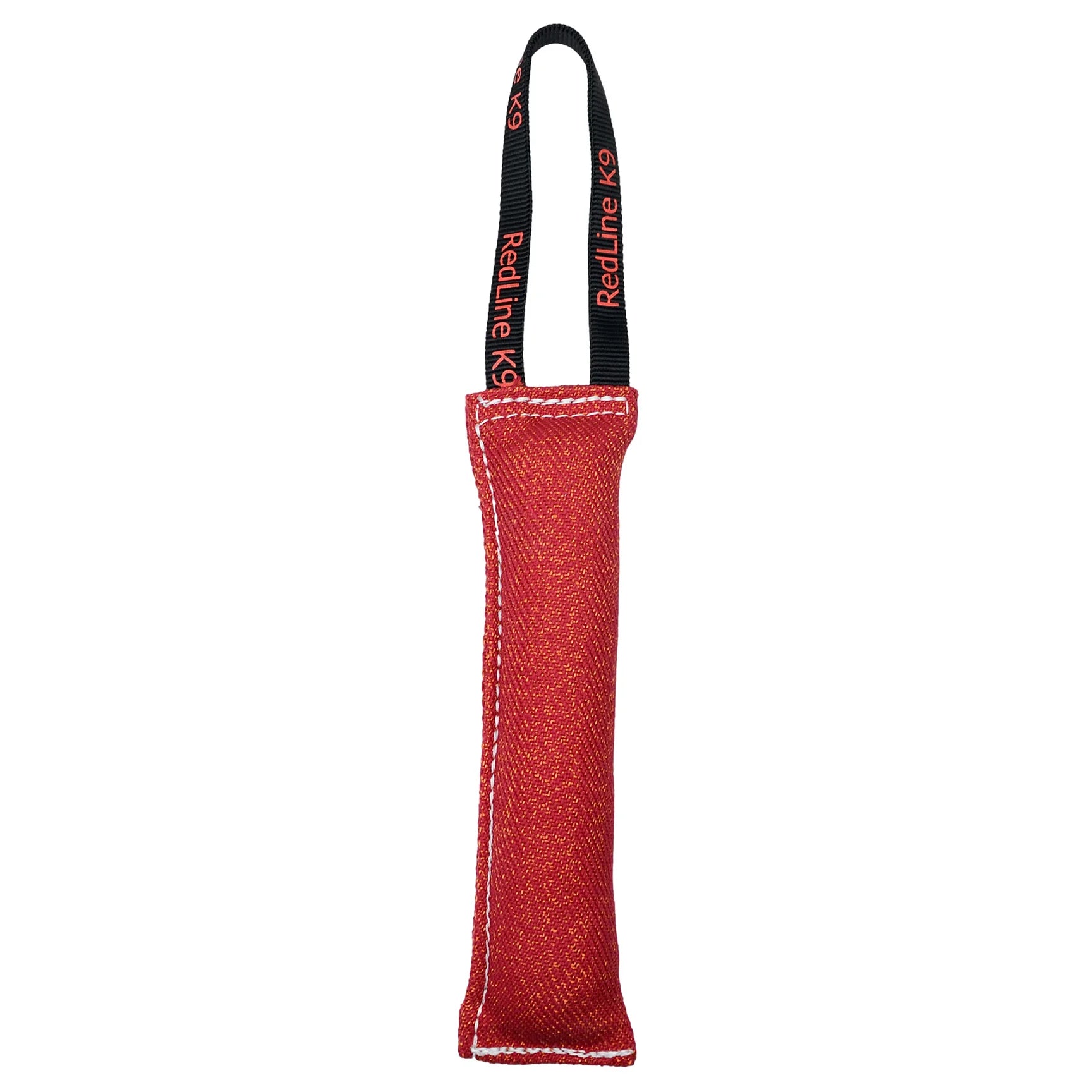 Red dog training tool with a black handle on a white background