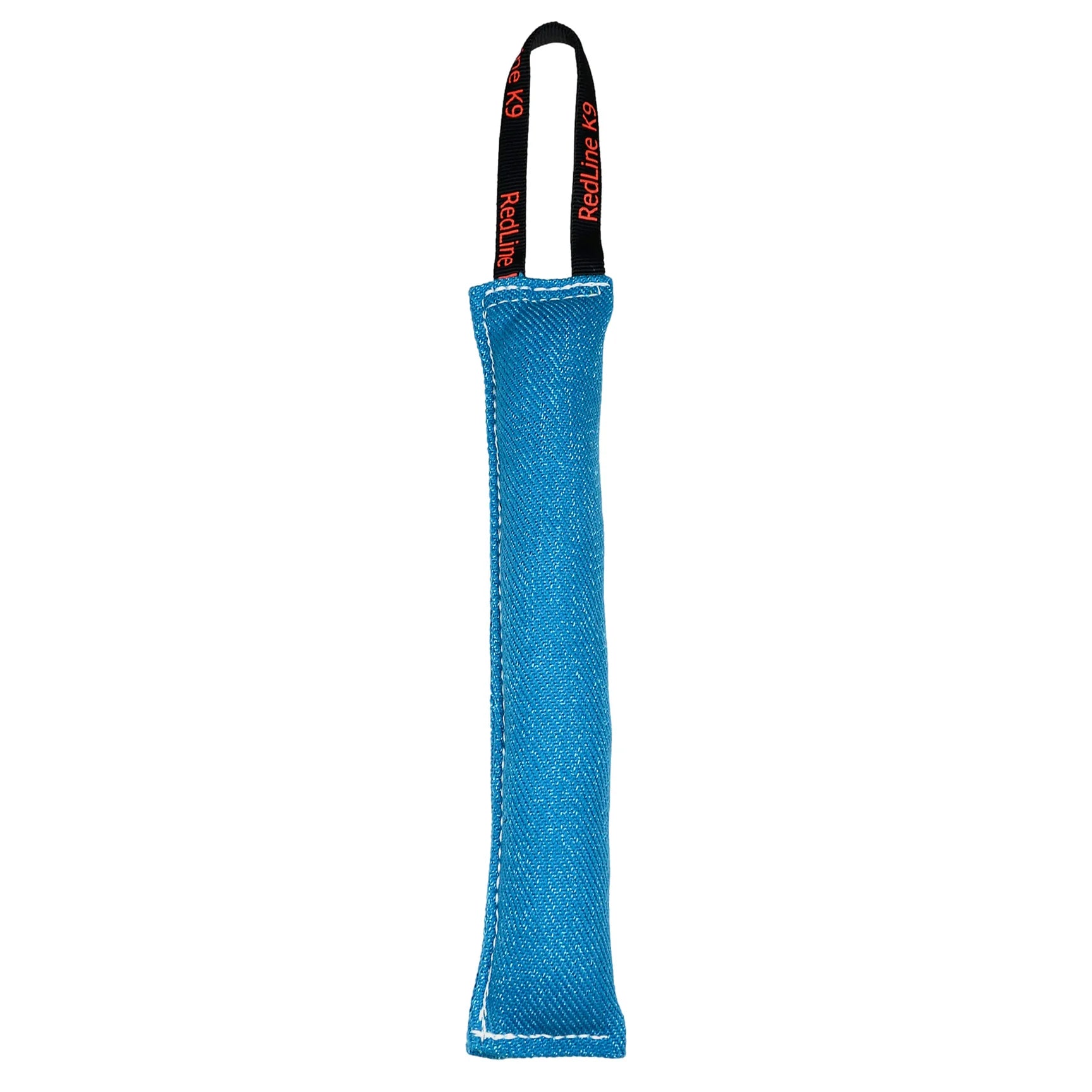 Blue dog toy with a black handle on a white background