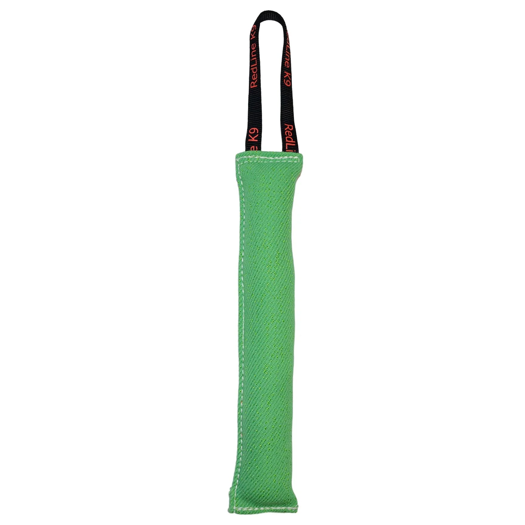 Green dog toy with a black handle on a white background