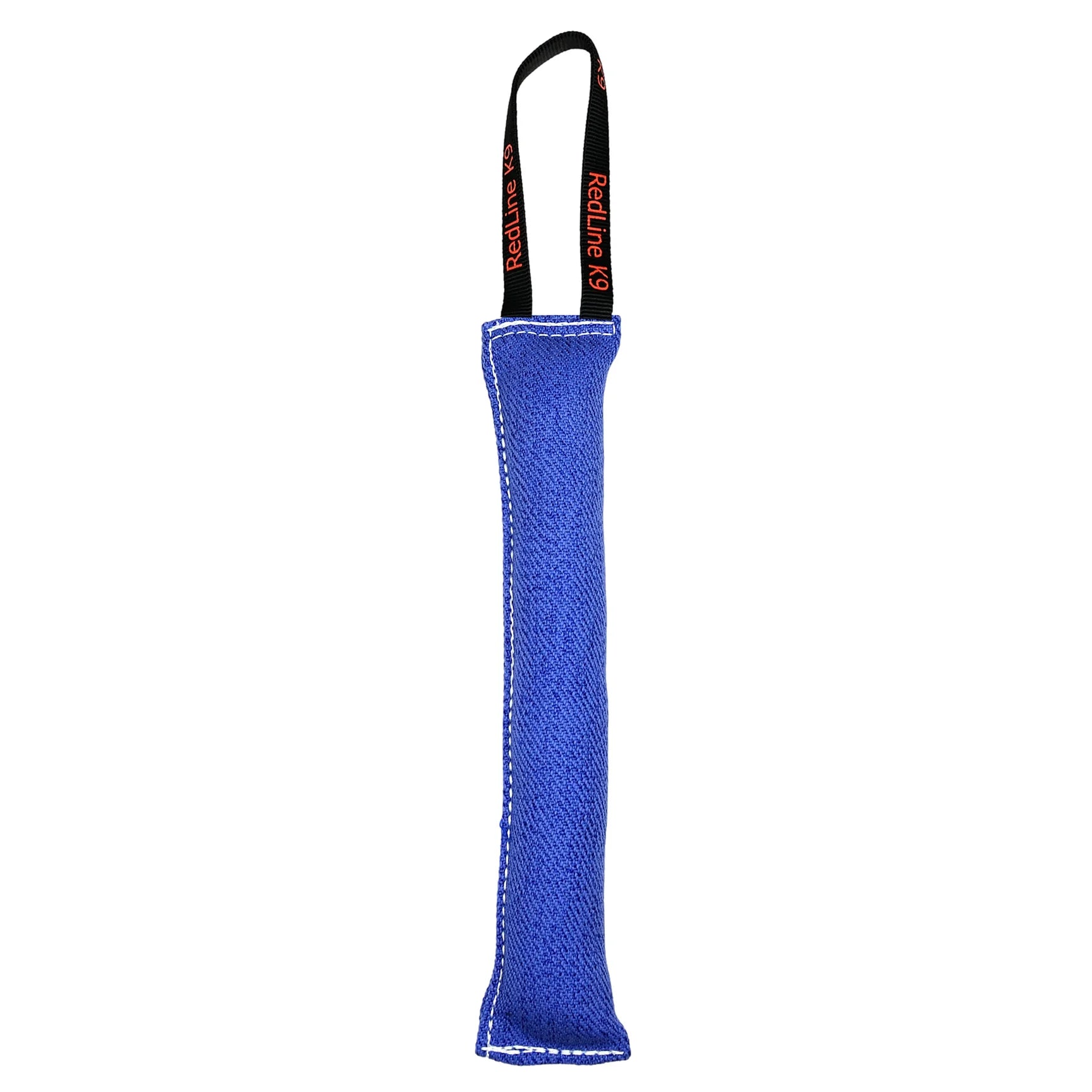 Blue dog toy with a black handle on a white background