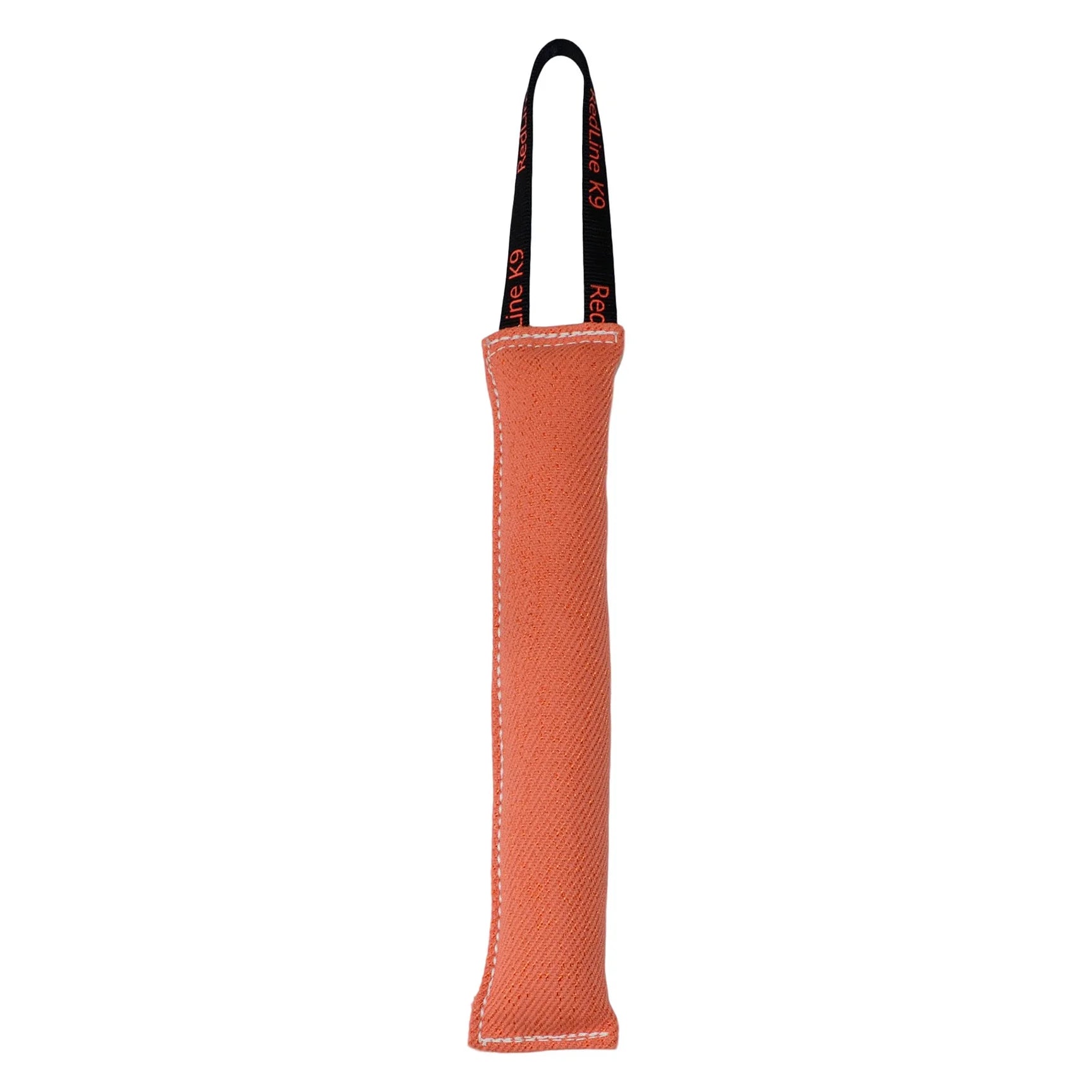 Orange dog toy with a black handle on a white background