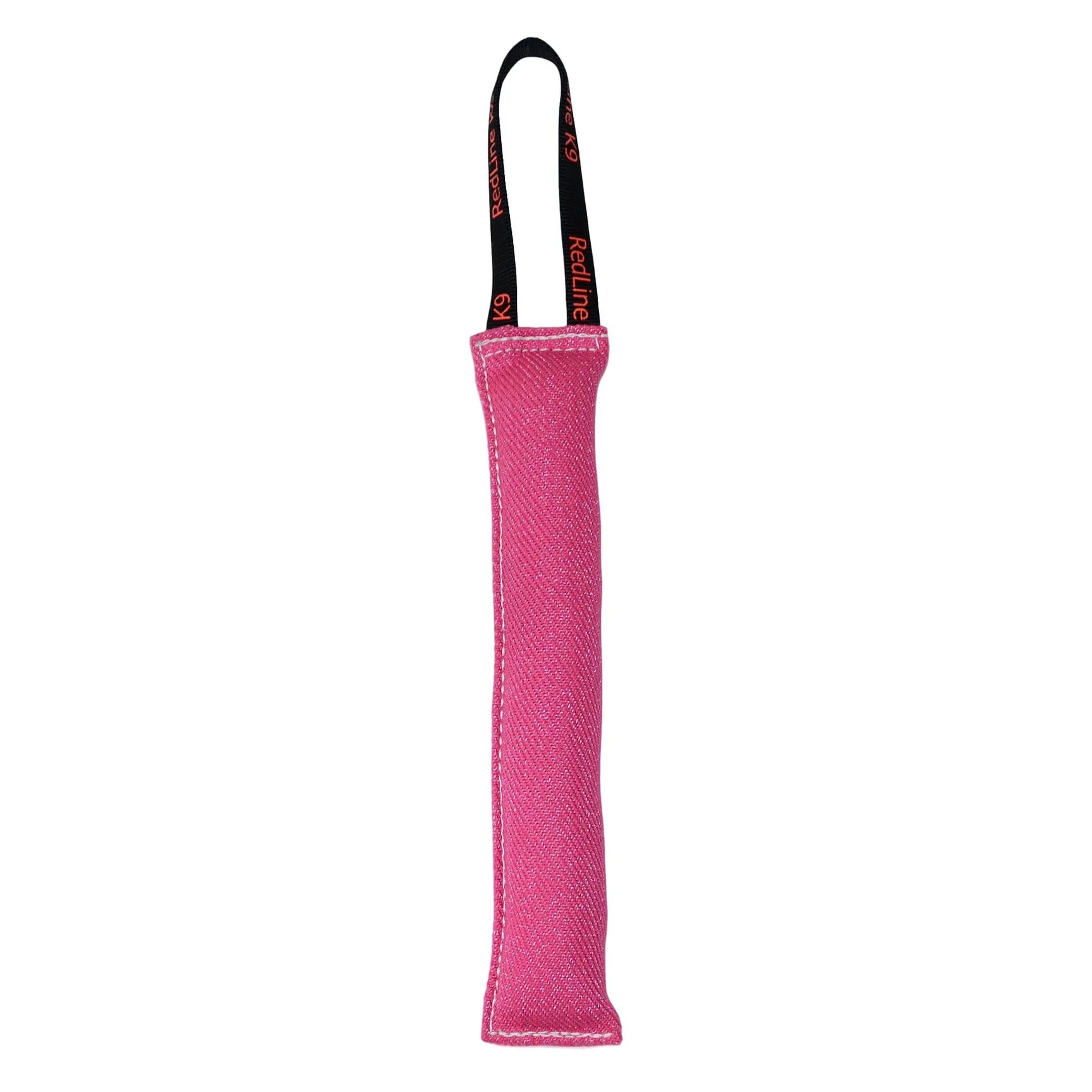 Pink dog chew toy with a black handle on a white background
