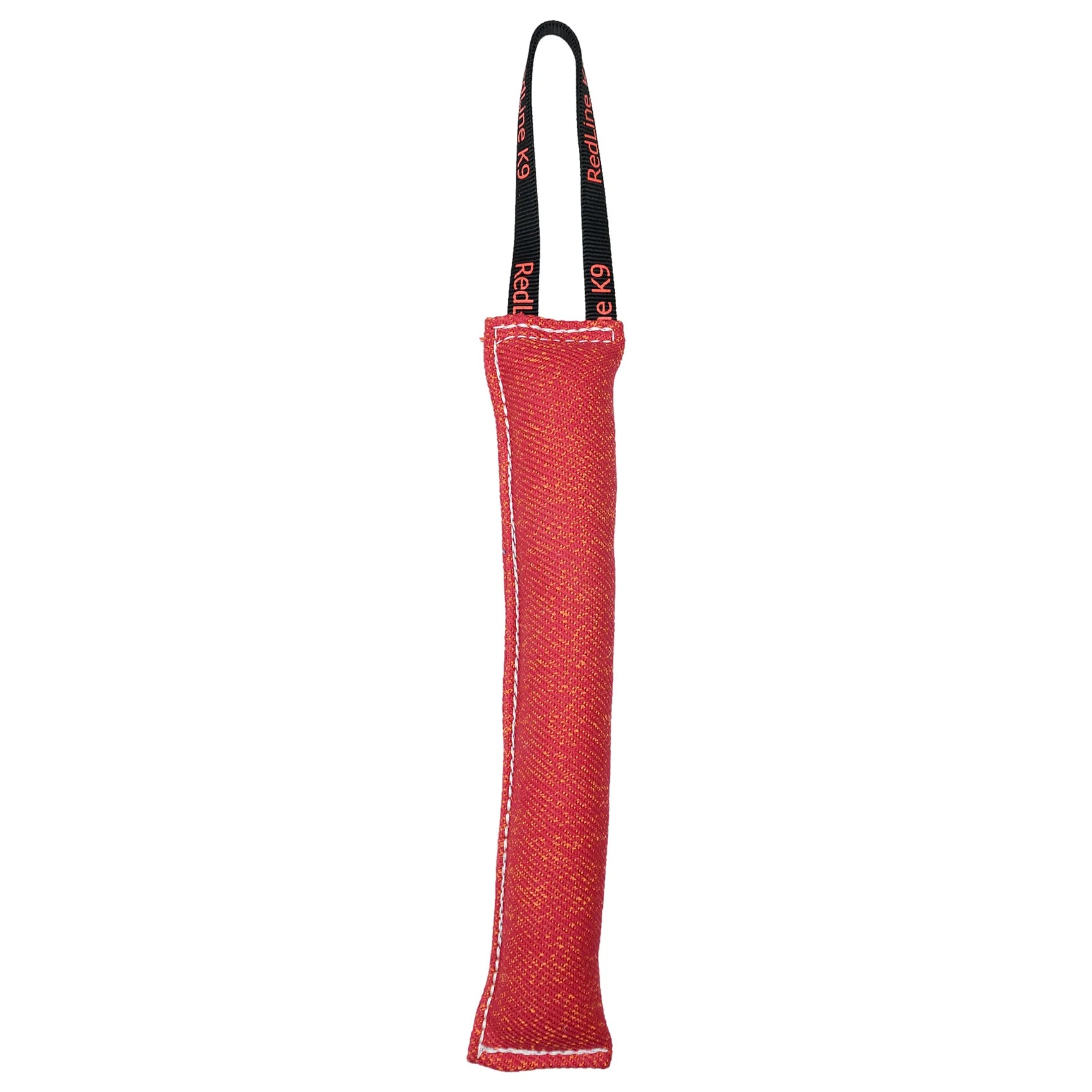 Red dog toy with a black handle on a white background