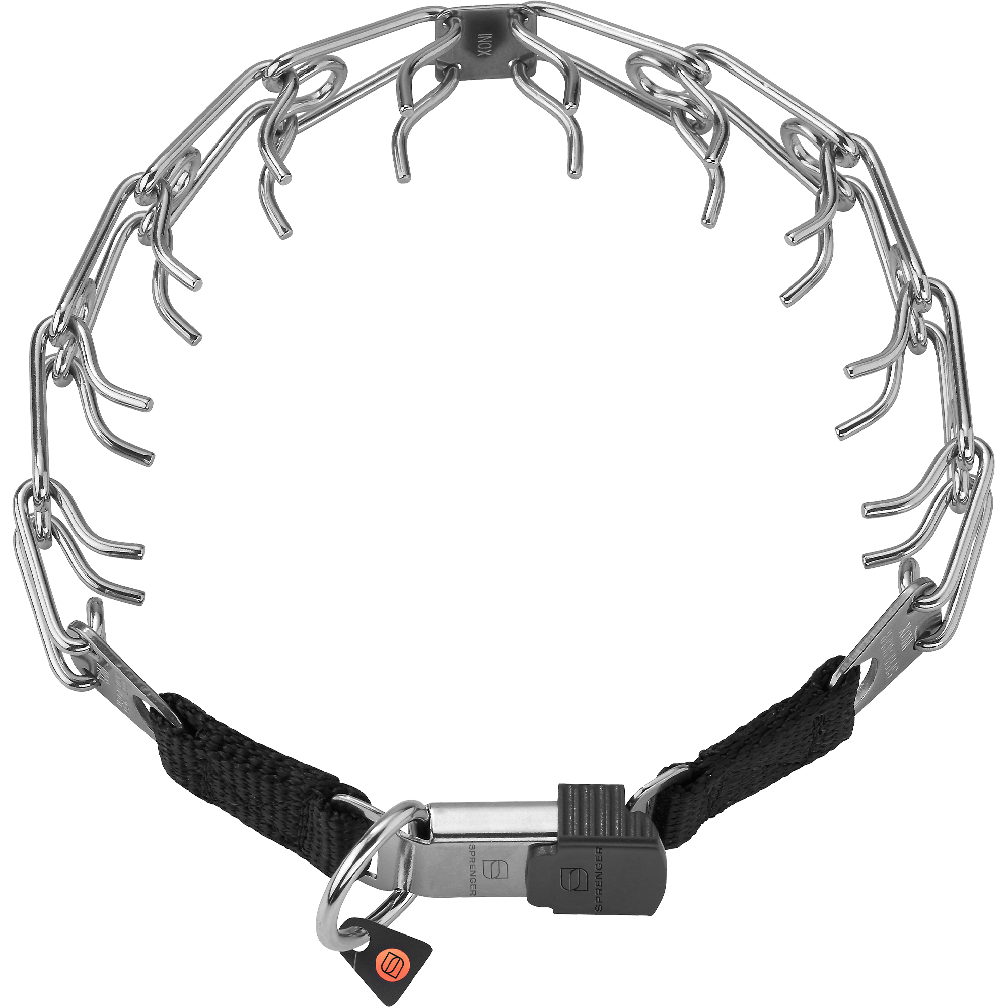 Metal dog collar with black strap on a white background