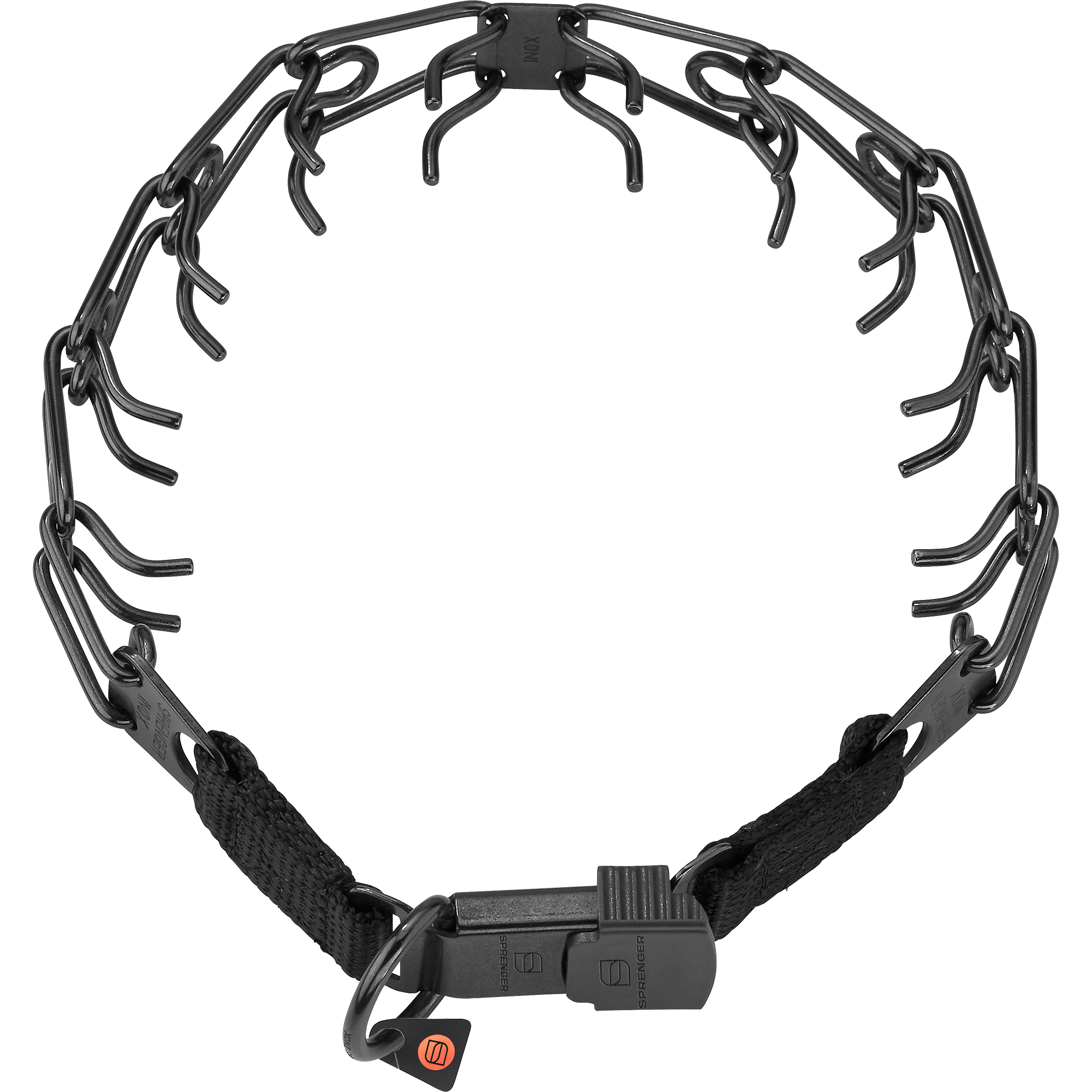 Black metal chain with a strap on a white background