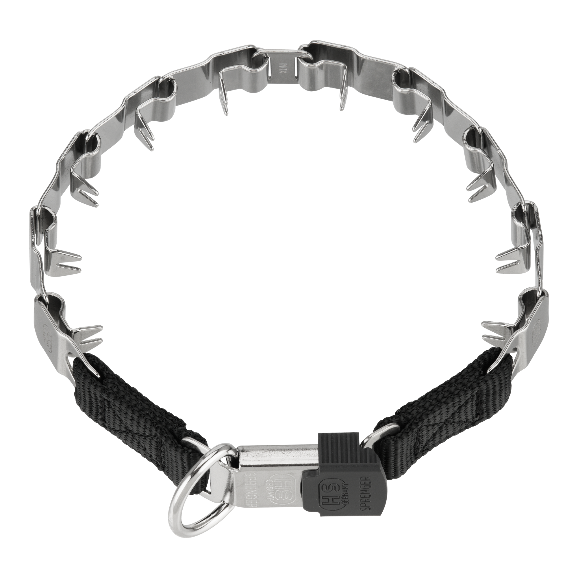 Dog collar with metal spikes on a white background