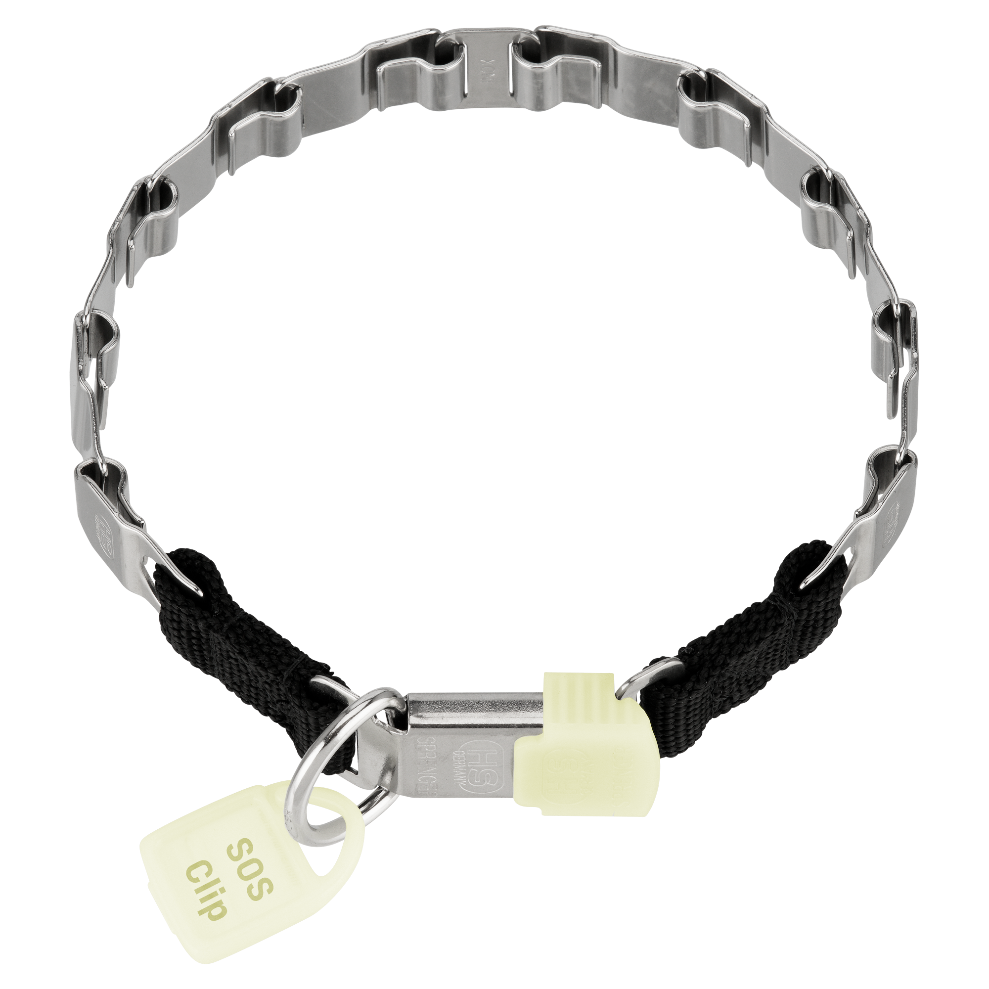Metallic dog collar with black strap, lock, and tag on a white background