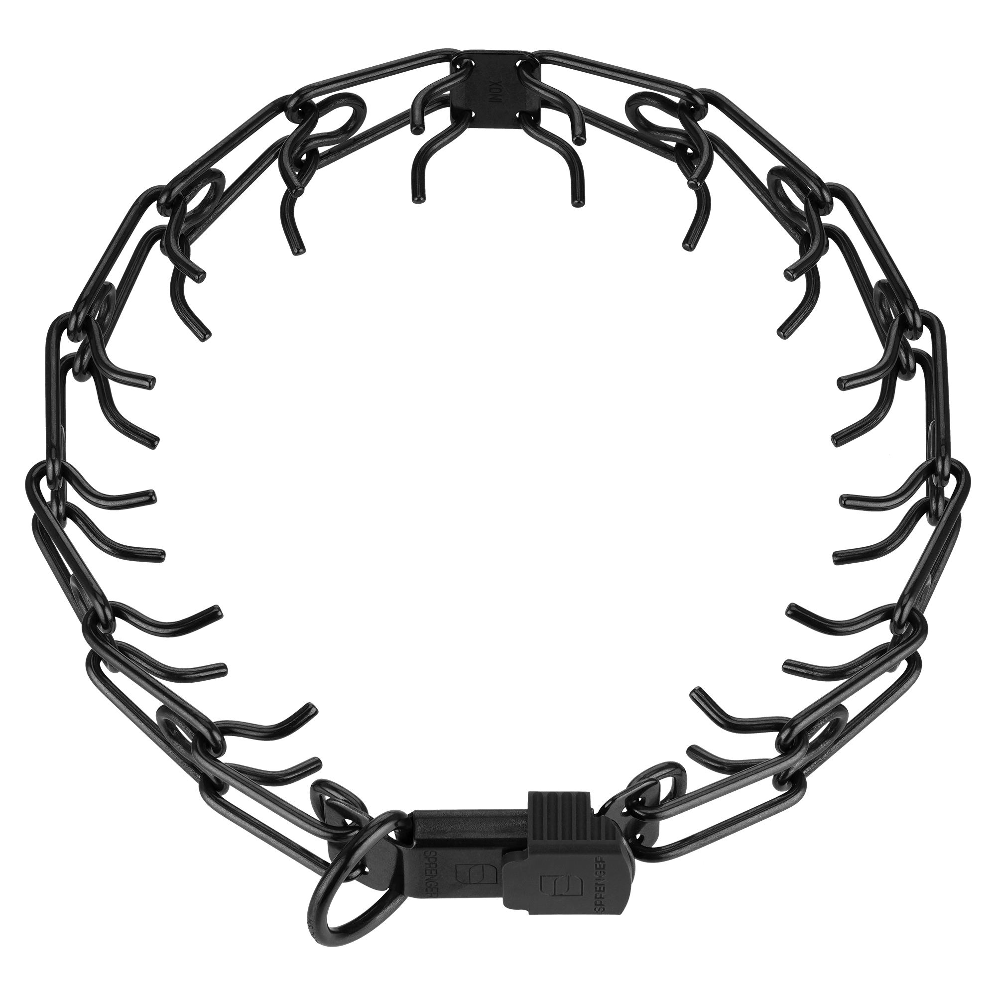 Black metal chain-style dog collar on a white background