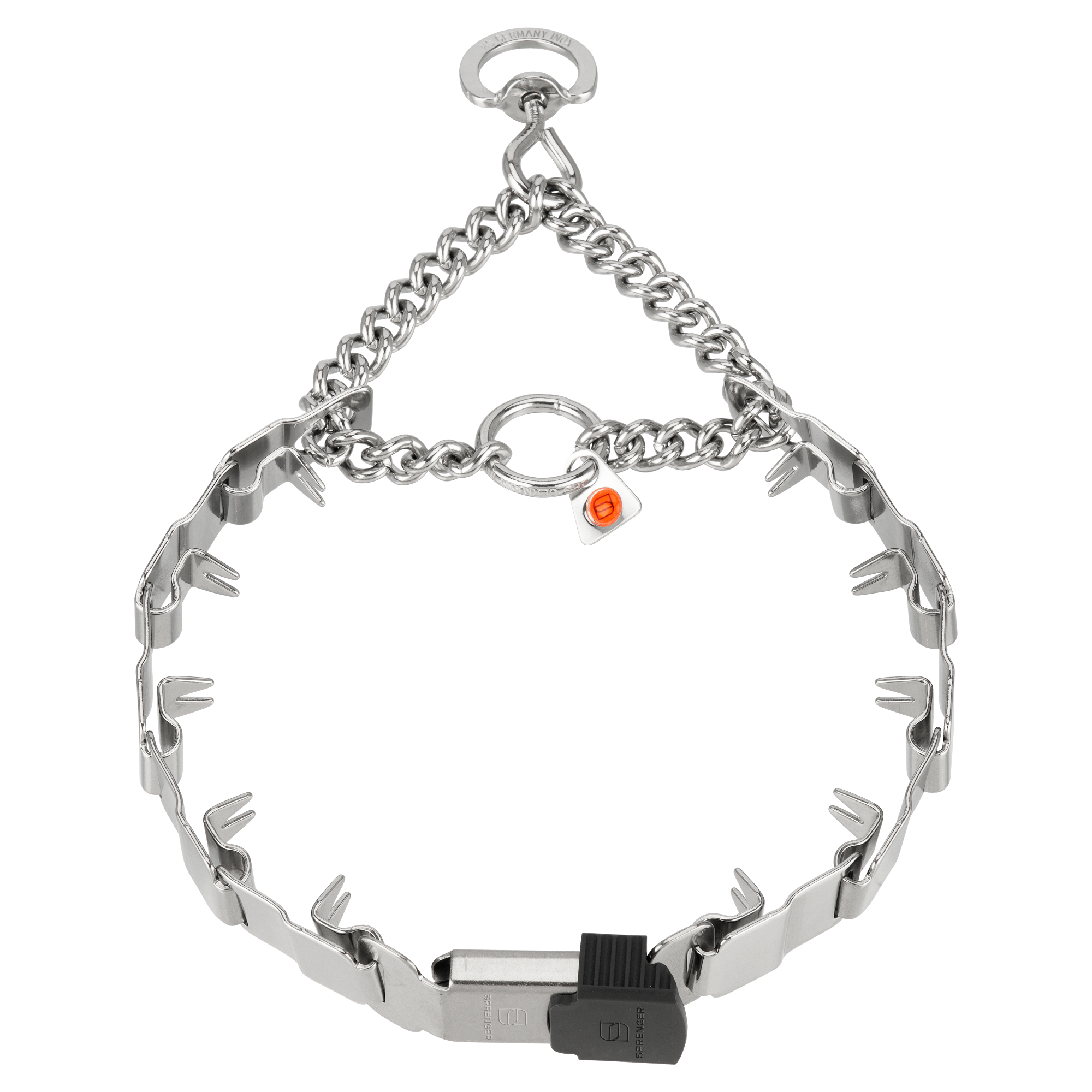 Metal halter with chain on a white background
