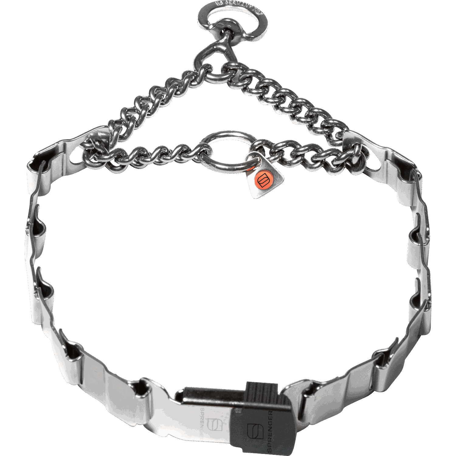 Metallic dog collar with chain design on a white background