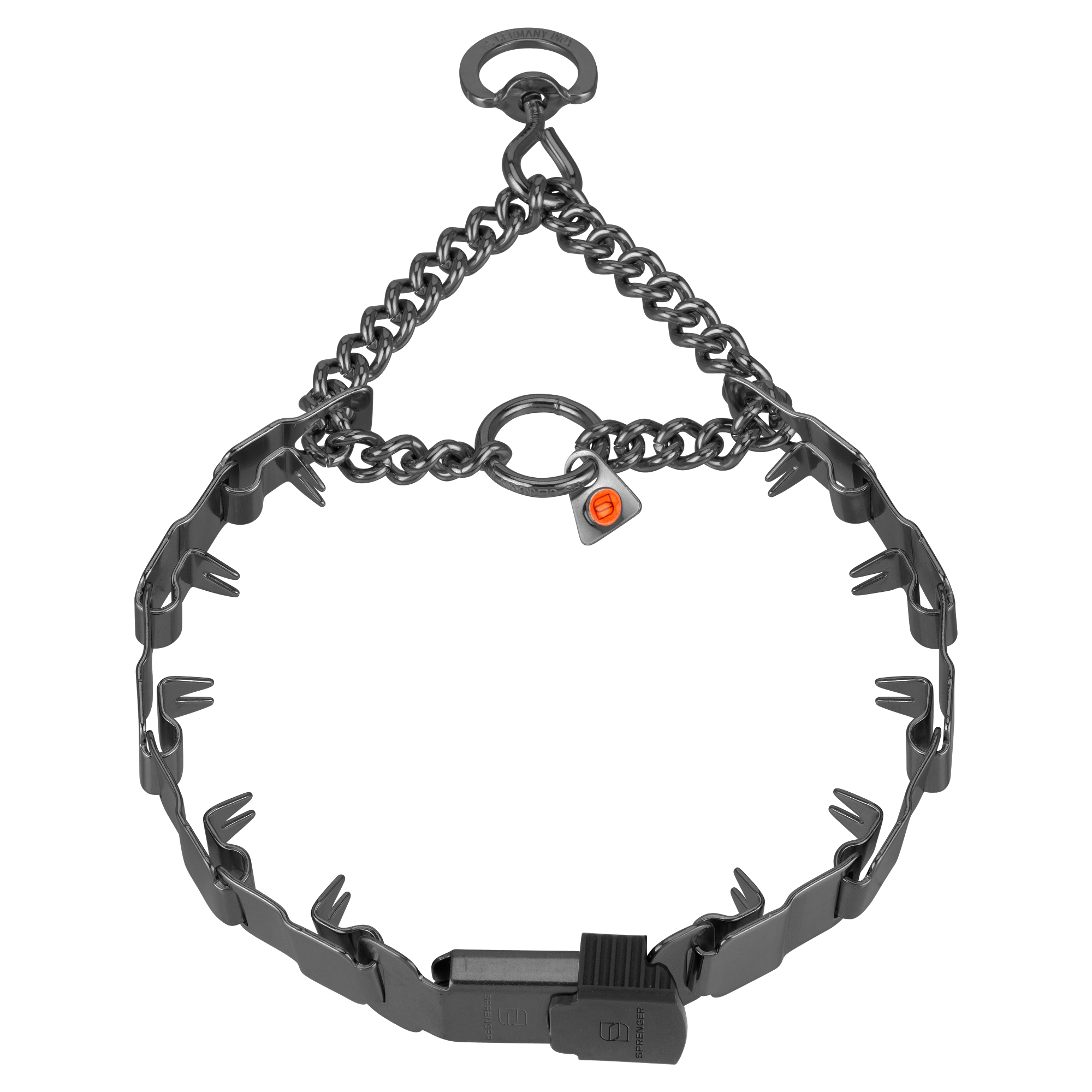 Black metal dog collar with chain and sharp spikes on a white background