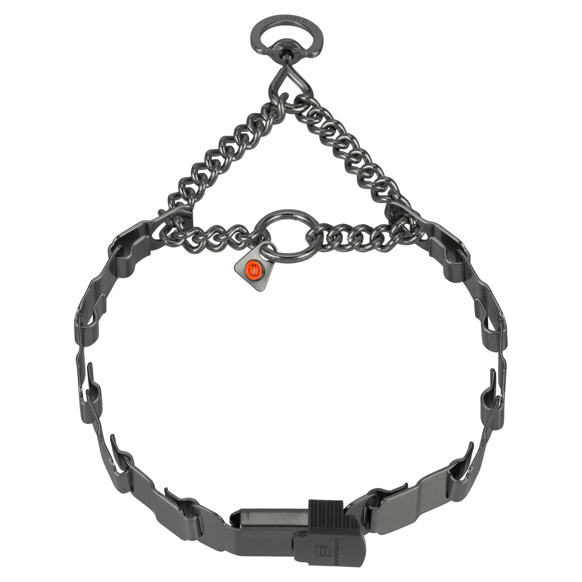 Black chain dog collar with a metal clasp on a white background