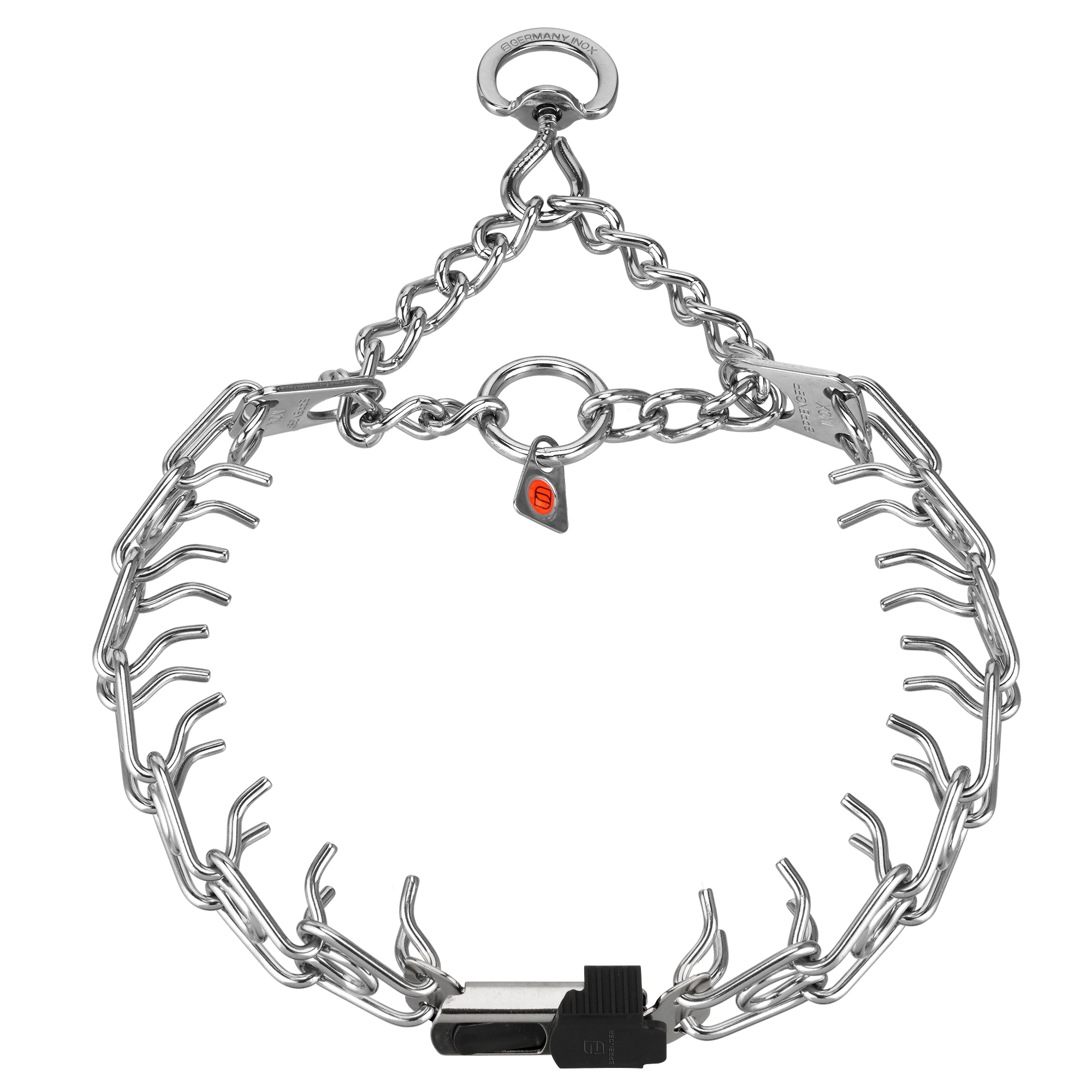 Metal dog collar with chain and clasp on a white background