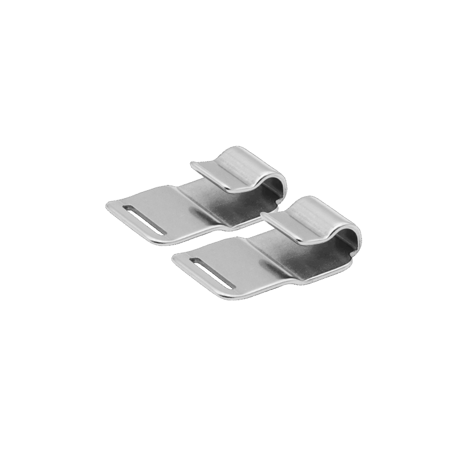 Two gray metal clips on a light gray background