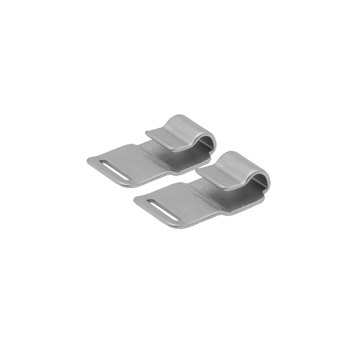 Two gray metal clips on a light gray background