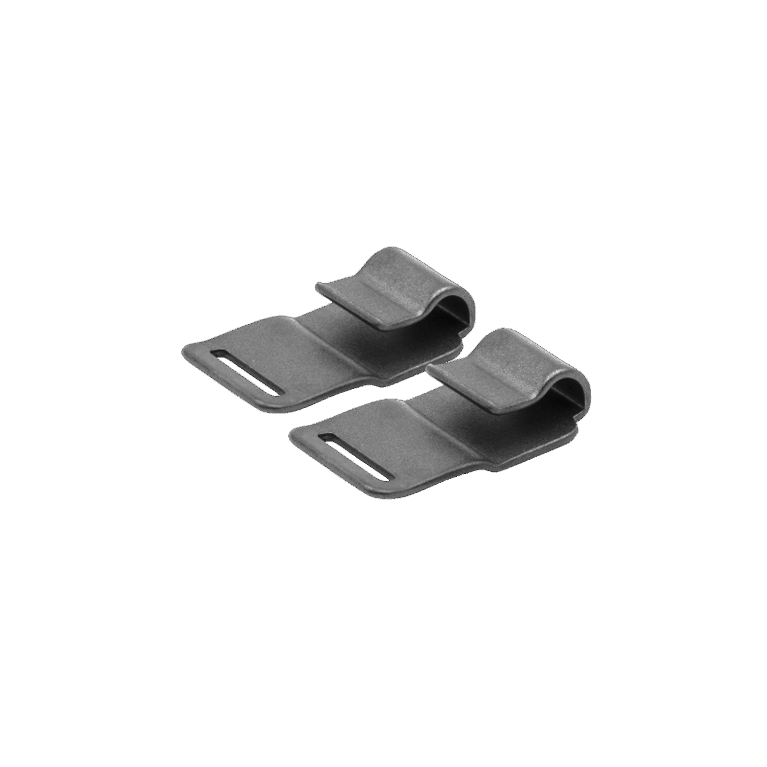 Two gray metal clips on a light gray background