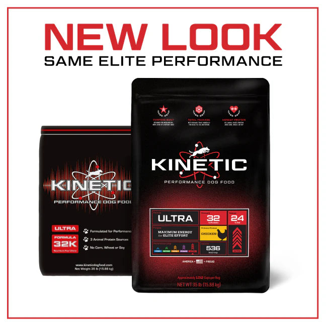 New look same elite performance graphic showing Kinetic Ultra 32K 32/24 dog food packaging