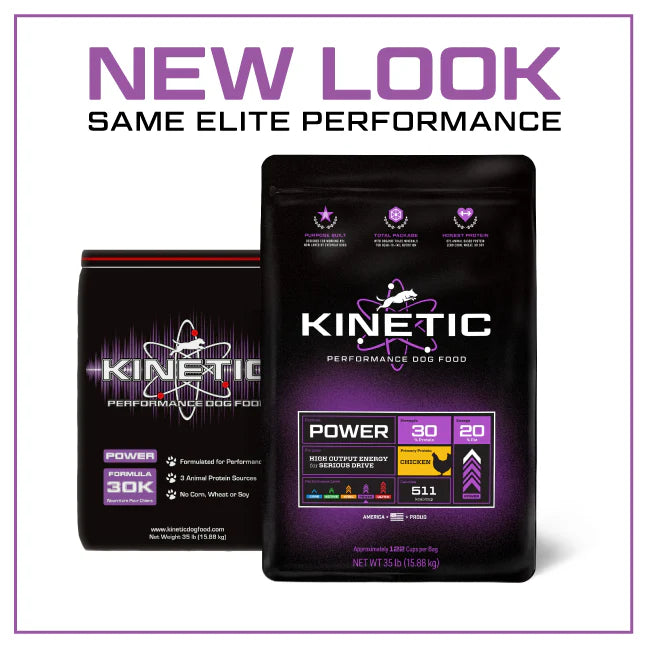 Kinetic Performance Dog Food Power 30k high energy formula in updated purple and black packagin