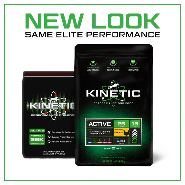 Graphic showing Kinetic active 26/16 dog food packaging with new look and same elite performance message