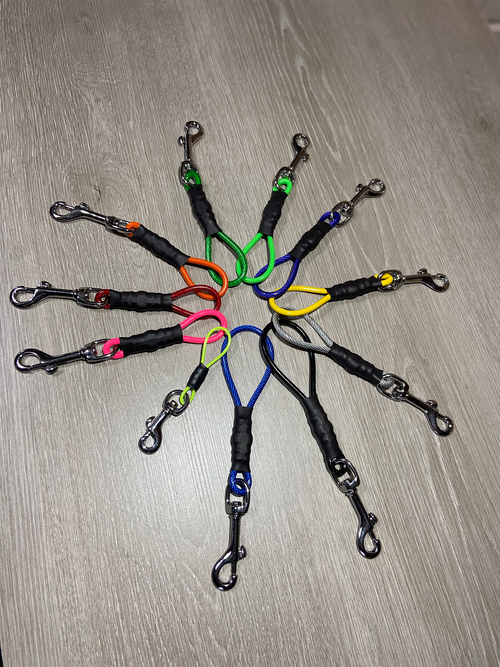 Set of colorful dog leashes with clips arranged in a circular pattern on a wooden surface.
