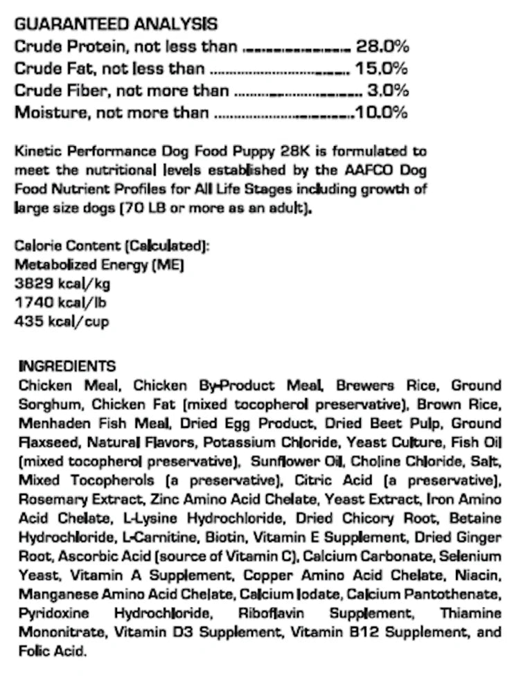 Guaranteed analysis and full ingredient panel for Kinetic Puppy 28k formula
