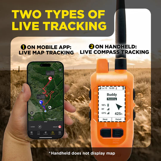 Two types of live tracking displayed on a phone app and handheld device with a field background.