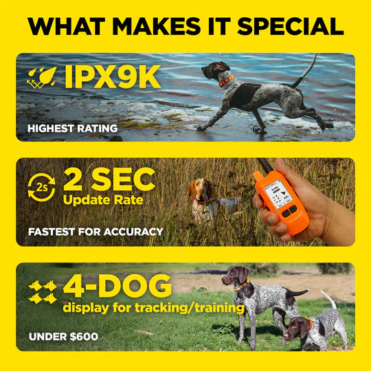 Product features with a dog running, IPX9K rating, update rate, and 4-dog display on a yellow background.