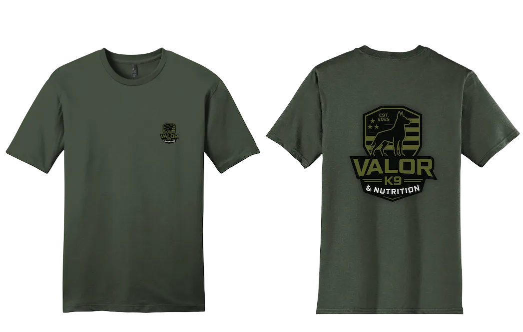 Green t-shirt with Valor K9 & Nutrition logo on front and back
