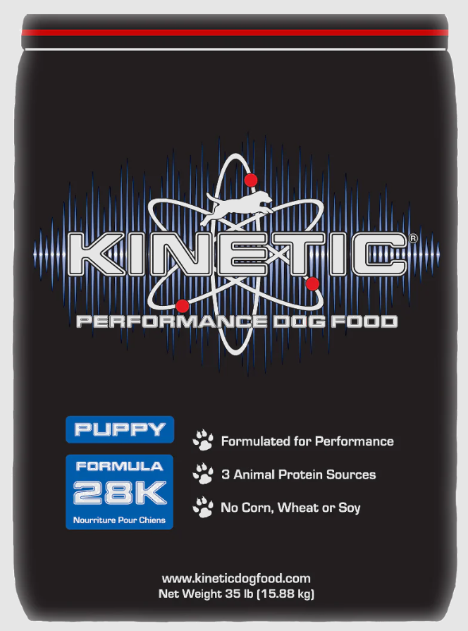Kinetic Performance Dog Food package for puppy formula 28K on a black background